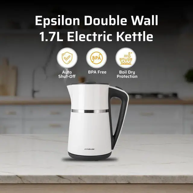 Alt view image 2 of 6 - Epsilon Double Wall Electric Kettle 1500W  1.7L Hot Water Tea Kettle & Hot Water Boiler with Auto Shut-Off, Boil Dry Protection, BPA-Free Stainless Steel Electric Teapot, Fast Boil, Cool Touch Design