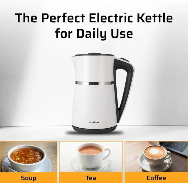 Alt view image 5 of 6 - Epsilon Double Wall Electric Kettle 1500W  1.7L Hot Water Tea Kettle & Hot Water Boiler with Auto Shut-Off, Boil Dry Protection, BPA-Free Stainless Steel Electric Teapot, Fast Boil, Cool Touch Design