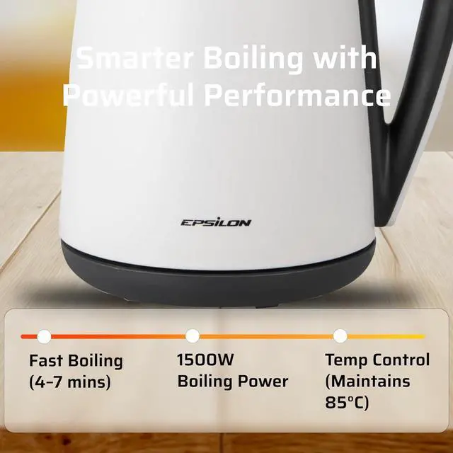 Alt view image 4 of 6 - Epsilon Double Wall Electric Kettle 1500W  1.7L Hot Water Tea Kettle & Hot Water Boiler with Auto Shut-Off, Boil Dry Protection, BPA-Free Stainless Steel Electric Teapot, Fast Boil, Cool Touch Design