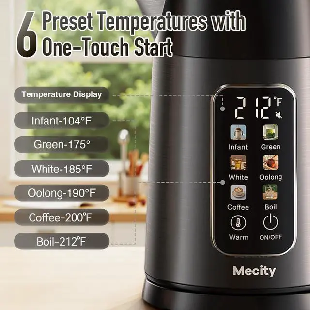 Alt view image 2 of 7 - Mecity Electric Kettle Touch Screen Temperature Control Water Boiler, No Plastic Contact with Water. 6 Preset Temperature Programs, 2 Hours Keep Warm, 1.7 Liter Dark Grey