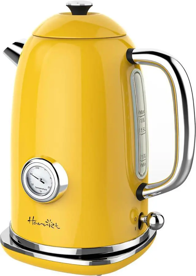 Main image of Harriet Electric Kettle, 1.8L Retro Electric Tea Kettle with Thermometer, 1500W Stainless Steel Hot Water Kettle Electric with LED Indicator, Fast Boiling, Cordless, Auto Shut-Off, Yellow