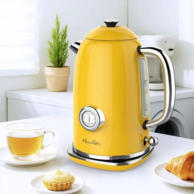 Alt view image 2 of 7 - Harriet Electric Kettle, 1.8L Retro Electric Tea Kettle with Thermometer, 1500W Stainless Steel Hot Water Kettle Electric with LED Indicator, Fast Boiling, Cordless, Auto Shut-Off, Yellow