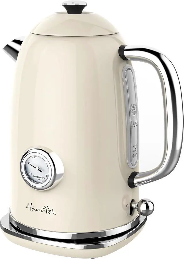 Main image of Harriet Electric Kettle, 1.8L Retro Electric Tea Kettle with Thermometer, 1500W Stainless Steel Hot Water Kettle Electric with LED Indicator, Fast Boiling, Cordless, Auto Shut-Off, Beige White