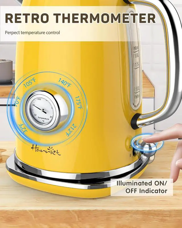 Alt view image 7 of 7 - Harriet Electric Kettle, 1.8L Retro Electric Tea Kettle with Thermometer, 1500W Stainless Steel Hot Water Kettle Electric with LED Indicator, Fast Boiling, Cordless, Auto Shut-Off, Yellow