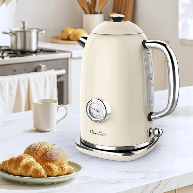 Alt view image 2 of 7 - Harriet Electric Kettle, 1.8L Retro Electric Tea Kettle with Thermometer, 1500W Stainless Steel Hot Water Kettle Electric with LED Indicator, Fast Boiling, Cordless, Auto Shut-Off, Beige White