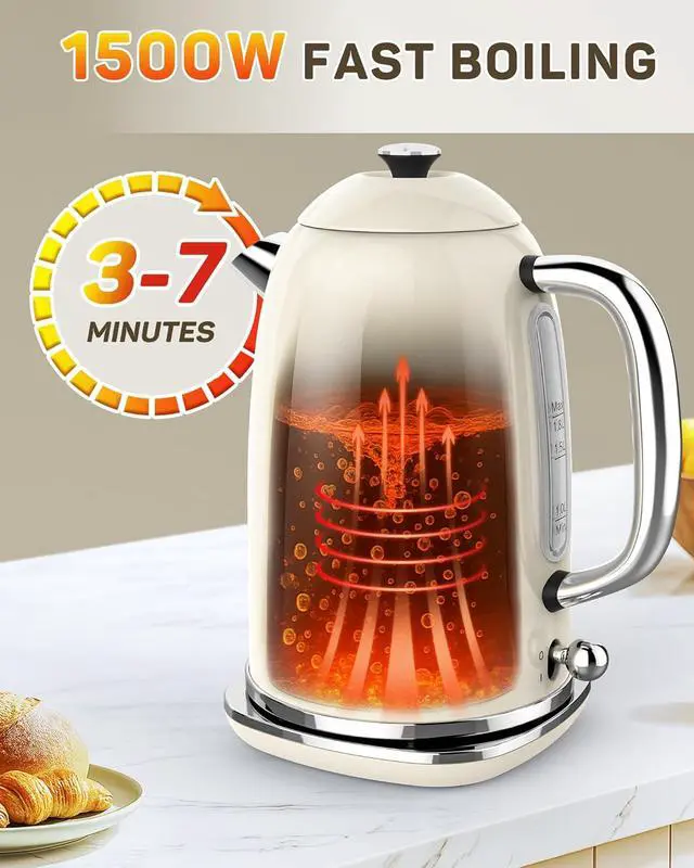 Alt view image 4 of 7 - Harriet Electric Kettle, 1.8L Retro Electric Tea Kettle with Thermometer, 1500W Stainless Steel Hot Water Kettle Electric with LED Indicator, Fast Boiling, Cordless, Auto Shut-Off, Beige White