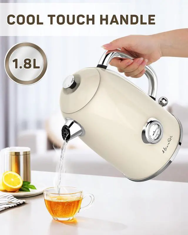Alt view image 5 of 7 - Harriet Electric Kettle, 1.8L Retro Electric Tea Kettle with Thermometer, 1500W Stainless Steel Hot Water Kettle Electric with LED Indicator, Fast Boiling, Cordless, Auto Shut-Off, Beige White