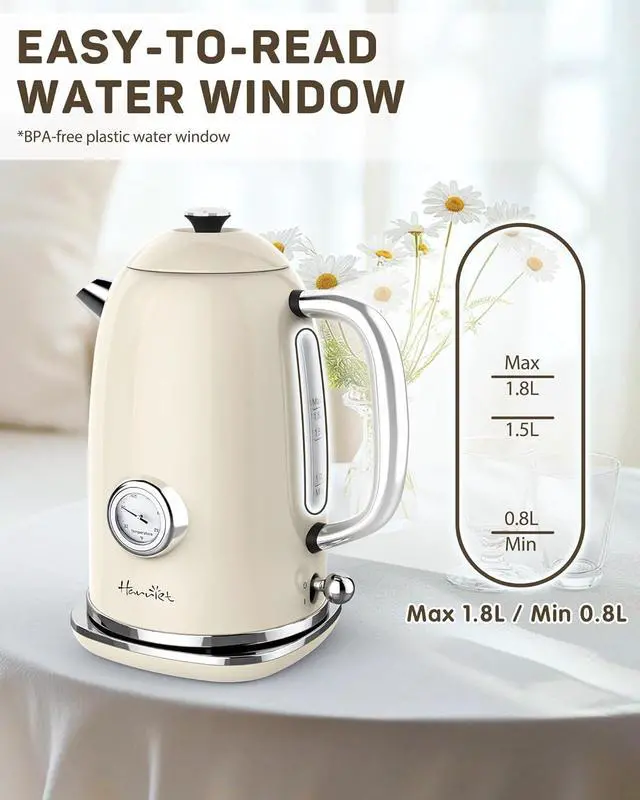Alt view image 7 of 7 - Harriet Electric Kettle, 1.8L Retro Electric Tea Kettle with Thermometer, 1500W Stainless Steel Hot Water Kettle Electric with LED Indicator, Fast Boiling, Cordless, Auto Shut-Off, Beige White