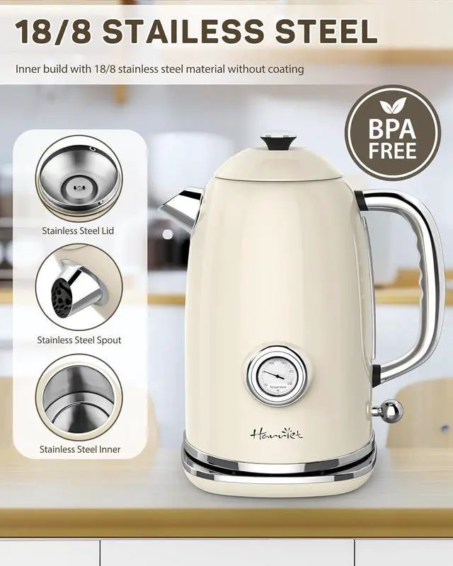 Alt view image 6 of 7 - Harriet Electric Kettle, 1.8L Retro Electric Tea Kettle with Thermometer, 1500W Stainless Steel Hot Water Kettle Electric with LED Indicator, Fast Boiling, Cordless, Auto Shut-Off, Beige White