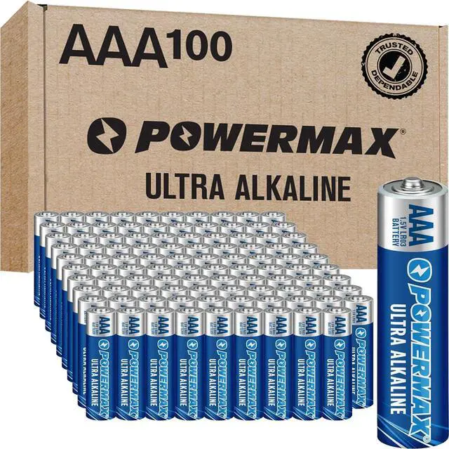 Main image of Powermax 100-Count Triple AAA Batteries, Ultra Long Lasting Alkaline Battery for Home and Office, 10-Year Shelf Life, Reclosable Packaging