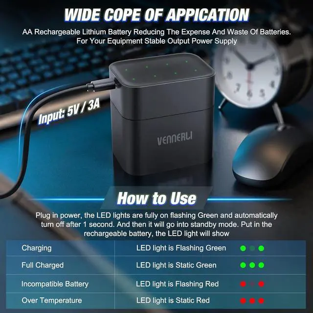 Alt view image 7 of 7 - VENNERLI AA Rechargeable Lithium Batteries 1.5V 8-Pack Set 3600mWh High-Capacity 1000+ Cycles of Use Ultra-Long Lasting Time 3h Fast Charge with LED Charge Indicator Magnetic (Black 8-Pack&Charger)