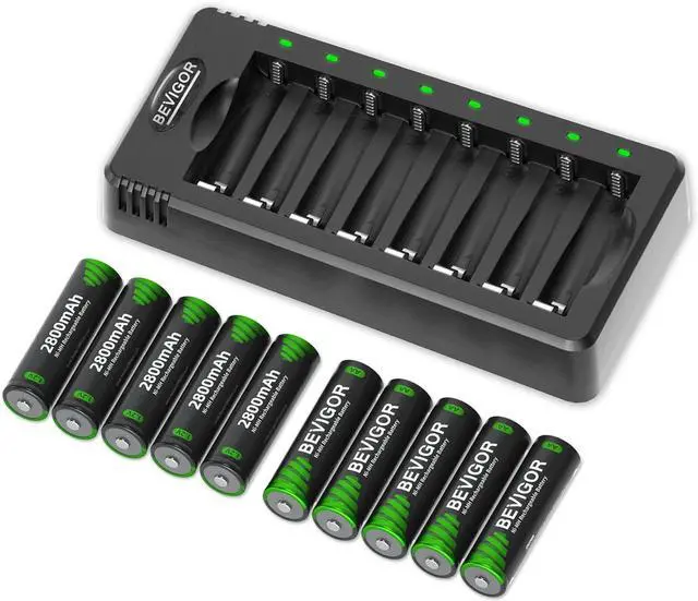 Main image of BEVIGOR Rechargeable AA Batteries with Charger, 10 Pack 2800mAh High Capacity Ni-MH Double A Batteries with Smart 8 Bay Smart Battery Charger, USB Fast Charging
