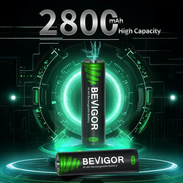 Alt view image 2 of 7 - BEVIGOR Rechargeable AA Batteries with Charger, 10 Pack 2800mAh High Capacity Ni-MH Double A Batteries with Smart 8 Bay Smart Battery Charger, USB Fast Charging