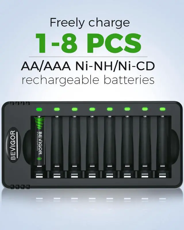 Alt view image 6 of 7 - BEVIGOR Rechargeable AA Batteries with Charger, 10 Pack 2800mAh High Capacity Ni-MH Double A Batteries with Smart 8 Bay Smart Battery Charger, USB Fast Charging