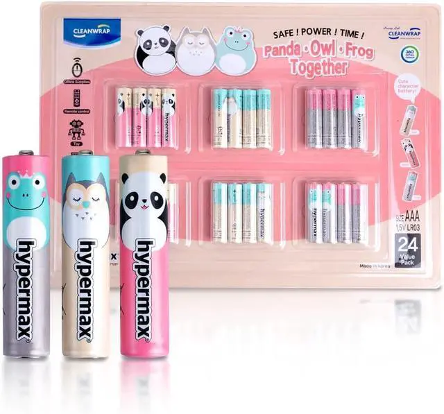 Main image of CLEANWRAP Hypermax Cute Character Long-Lasting All-Purpose High-Performance Alkaline AAA Batteries (1.5V - 24 Pack) | Cute AAA Batteries, Household Items Under 10 Dollars, AAA Battery Pack