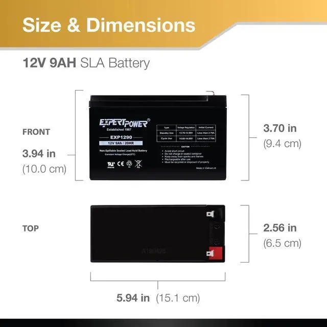 Alt view image 2 of 7 - ExpertPower 12v 9ah Sealed Lead Acid Battery with F2 Terminals (.250")/2 Pack