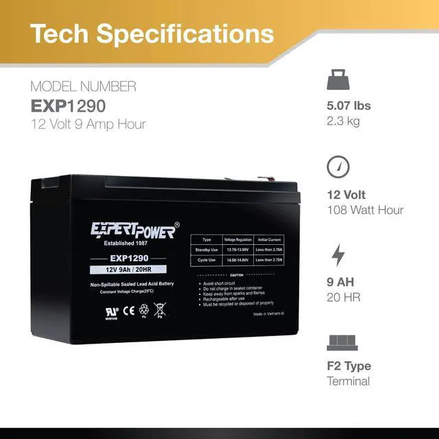 Alt view image 3 of 7 - ExpertPower 12v 9ah Sealed Lead Acid Battery with F2 Terminals (.250")/2 Pack