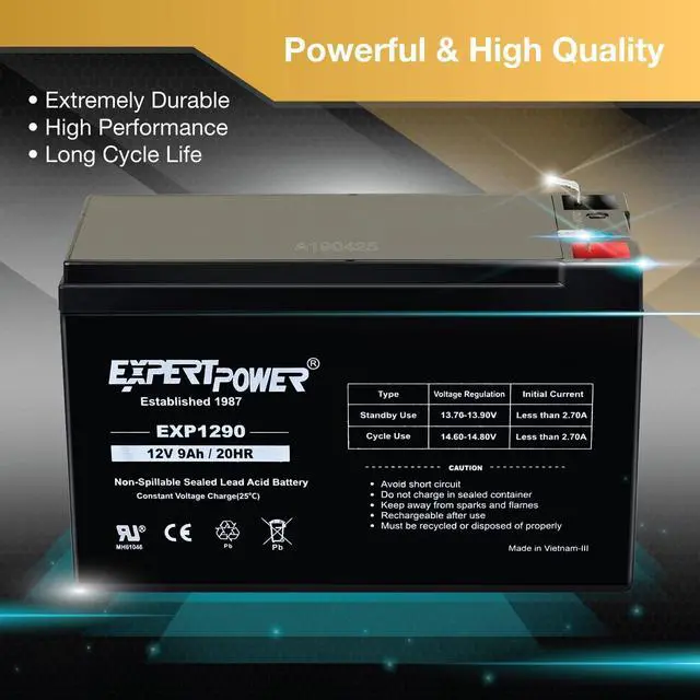 Alt view image 4 of 7 - ExpertPower 12v 9ah Sealed Lead Acid Battery with F2 Terminals (.250")/2 Pack