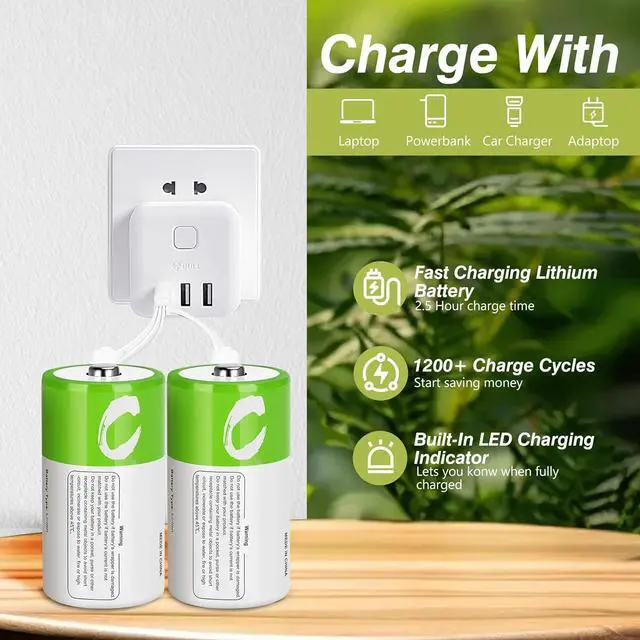 Alt view image 2 of 7 - C Batteries Rechargeable with USB 4 in 1 Cable 8 Pack C Size Cell Lithium Batteries LR14 5000mWh 1.5V Li-ion Power for Long-Lasting Use in Floodlights