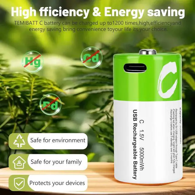 Alt view image 4 of 7 - C Batteries Rechargeable with USB 4 in 1 Cable 8 Pack C Size Cell Lithium Batteries LR14 5000mWh 1.5V Li-ion Power for Long-Lasting Use in Floodlights