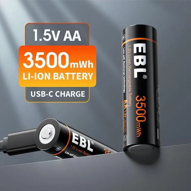 Alt view image 3 of 7 - EBL Lithium AA Batteries 4 Pack, Rechargeable Double A Battery 1.5V 3500mWh with USB-C Cable, 2H Fast Charge, Over 1600 Cycles