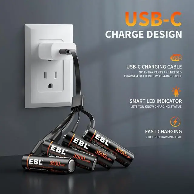 Alt view image 2 of 7 - EBL Lithium AA Batteries 4 Pack, Rechargeable Double A Battery 1.5V 3500mWh with USB-C Cable, 2H Fast Charge, Over 1600 Cycles