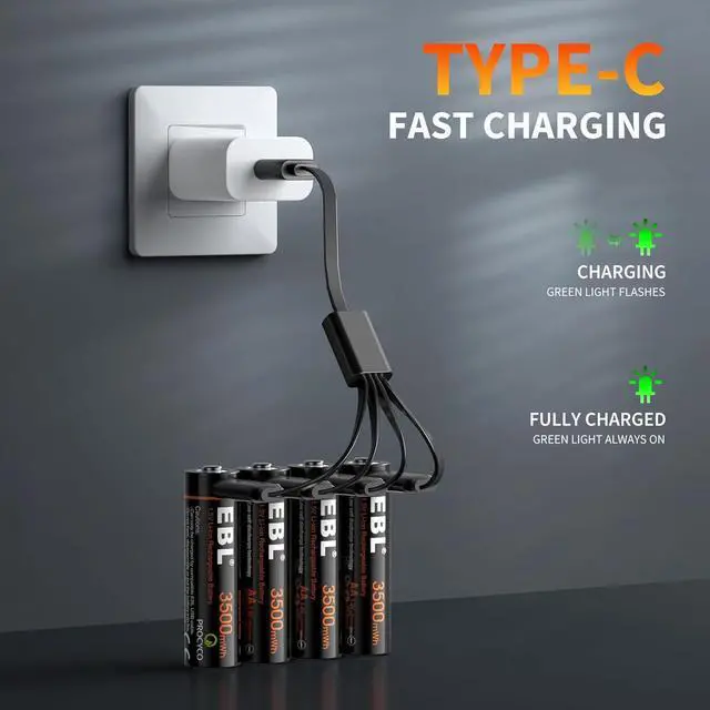 Alt view image 7 of 7 - EBL Lithium AA Batteries 4 Pack, Rechargeable Double A Battery 1.5V 3500mWh with USB-C Cable, 2H Fast Charge, Over 1600 Cycles