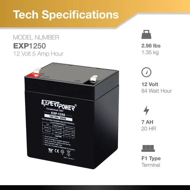 Alt view image 3 of 7 - ExpertPower EXP1250 12V 5Ah Home Alarm Battery with F1 Terminals