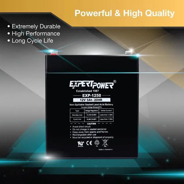 Alt view image 4 of 7 - ExpertPower EXP1250 12V 5Ah Home Alarm Battery with F1 Terminals