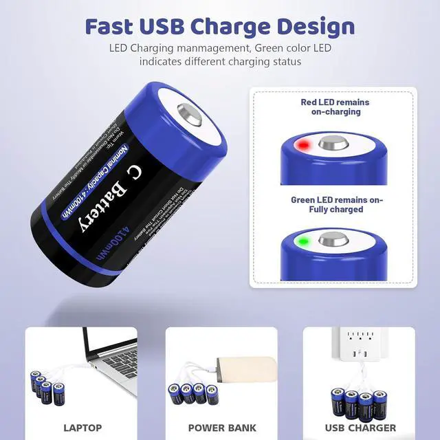 Alt view image 2 of 7 - Rechargeable Lithium C Cell Batteries with 4 in 1 USB-C Charge Cable, 8 Pack 1.5V 4100mWh C Cell Li-ion Batteries, LR14 C Size Battery Replacement for Flashlight