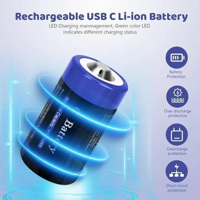 Alt view image 3 of 7 - Rechargeable Lithium C Cell Batteries with 4 in 1 USB-C Charge Cable, 8 Pack 1.5V 4100mWh C Cell Li-ion Batteries, LR14 C Size Battery Replacement for Flashlight