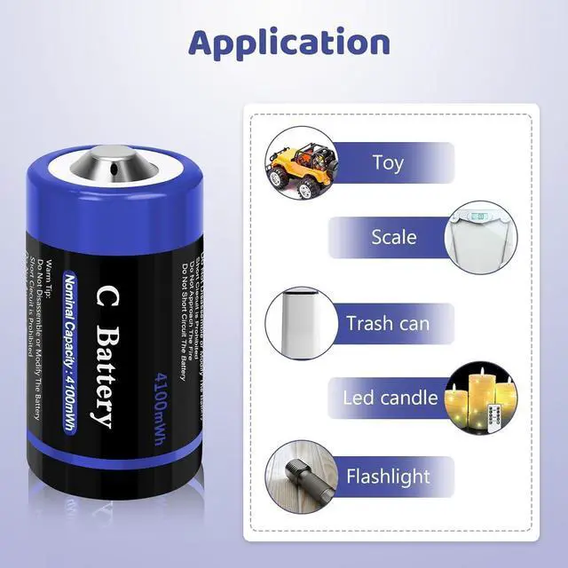 Alt view image 6 of 7 - Rechargeable Lithium C Cell Batteries with 4 in 1 USB-C Charge Cable, 8 Pack 1.5V 4100mWh C Cell Li-ion Batteries, LR14 C Size Battery Replacement for Flashlight