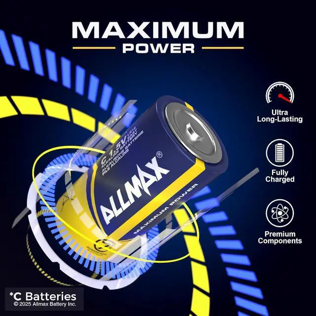 Alt view image 2 of 6 - Allmax C Maximum Power Alkaline Batteries (48 Count)  Ultra Long-Lasting, Leakproof Design, 7-Year Shelf Life, Maximum Performance (1.5V)