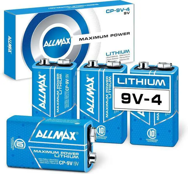 Main image of Allmax 9V Maximum Power Lithium Batteries (4 Count)  Longest Lasting, Leakproof, 10-Year Shelf Life, Ultimate Performance  Perfect for Smoke Detectors (9 Volt)