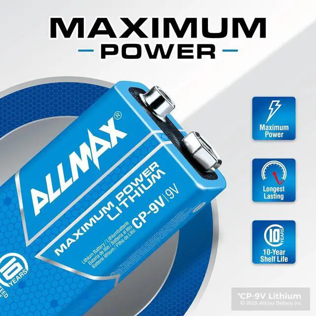 Alt view image 2 of 6 - Allmax 9V Maximum Power Lithium Batteries (4 Count)  Longest Lasting, Leakproof, 10-Year Shelf Life, Ultimate Performance  Perfect for Smoke Detectors (9 Volt)