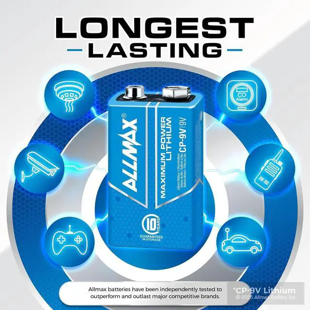 Alt view image 3 of 6 - Allmax 9V Maximum Power Lithium Batteries (4 Count)  Longest Lasting, Leakproof, 10-Year Shelf Life, Ultimate Performance  Perfect for Smoke Detectors (9 Volt)