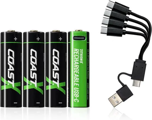 Main image of Coast AA USB-C Rechargeable Batteries, ZITHION-X, Lithium Ion 1.5v 2400 mAh, Long Lasting, Charges Under 2.5 Hours, Charging Cable Included, 4-Battery Pack