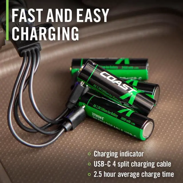 Alt view image 4 of 7 - Coast AA USB-C Rechargeable Batteries, ZITHION-X, Lithium Ion 1.5v 2400 mAh, Long Lasting, Charges Under 2.5 Hours, Charging Cable Included, 4-Battery Pack