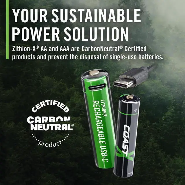 Alt view image 7 of 7 - Coast AA USB-C Rechargeable Batteries, ZITHION-X, Lithium Ion 1.5v 2400 mAh, Long Lasting, Charges Under 2.5 Hours, Charging Cable Included, 4-Battery Pack