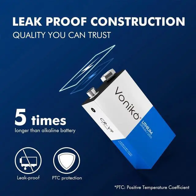 Alt view image 2 of 7 - Voniko Lithium Batteries 9 Volt 2 Pack  9V Lithium Batteries  Long Life Smoke Detector Batteries 10 Years Shelf Life - 9 Volt Battery for Smoke Alarms and Medical Equipment
