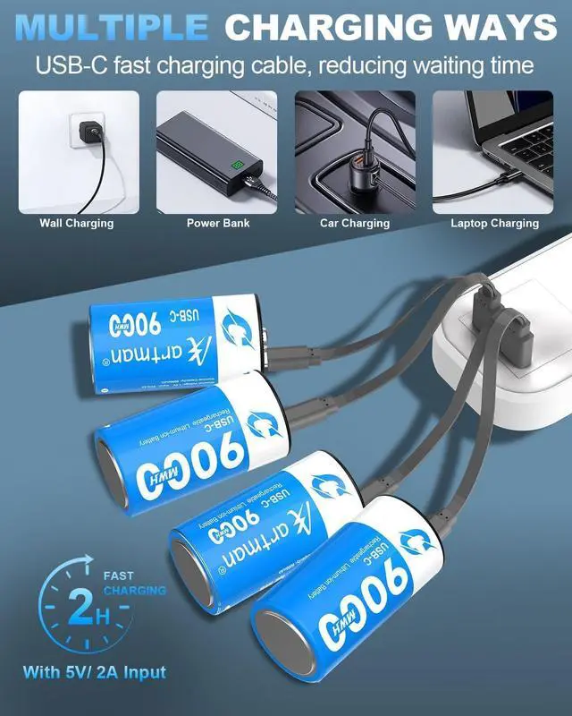 Alt view image 2 of 7 - Artman Rechargeable Lithium C Batteries 4 Pack, 1.5V C Cell Batteries with 2 in 1 USB-C Charging Cable, 9000mWh High Capacity Size C Li-ion Battery for Floodlight Toys, Recharge up to 1200+ Cycles