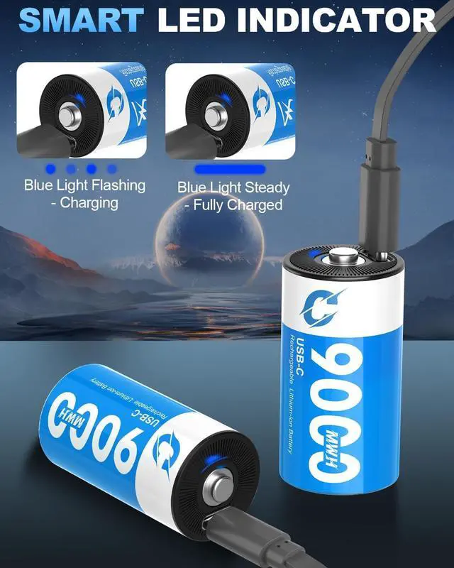 Alt view image 4 of 7 - Artman Rechargeable Lithium C Batteries 4 Pack, 1.5V C Cell Batteries with 2 in 1 USB-C Charging Cable, 9000mWh High Capacity Size C Li-ion Battery for Floodlight Toys, Recharge up to 1200+ Cycles