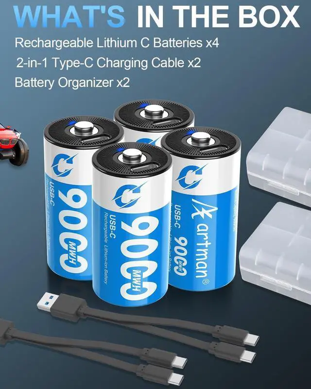 Alt view image 5 of 7 - Artman Rechargeable Lithium C Batteries 4 Pack, 1.5V C Cell Batteries with 2 in 1 USB-C Charging Cable, 9000mWh High Capacity Size C Li-ion Battery for Floodlight Toys, Recharge up to 1200+ Cycles