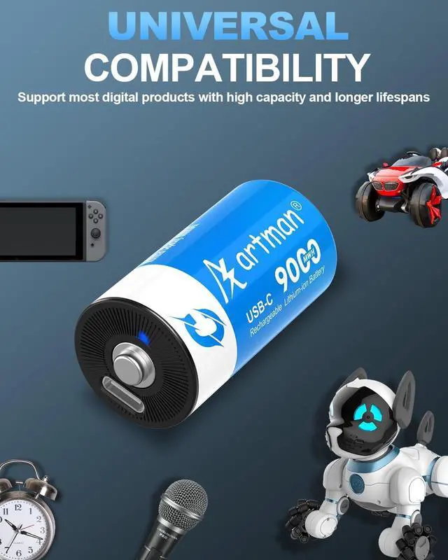 Alt view image 7 of 7 - Artman Rechargeable Lithium C Batteries 4 Pack, 1.5V C Cell Batteries with 2 in 1 USB-C Charging Cable, 9000mWh High Capacity Size C Li-ion Battery for Floodlight Toys, Recharge up to 1200+ Cycles