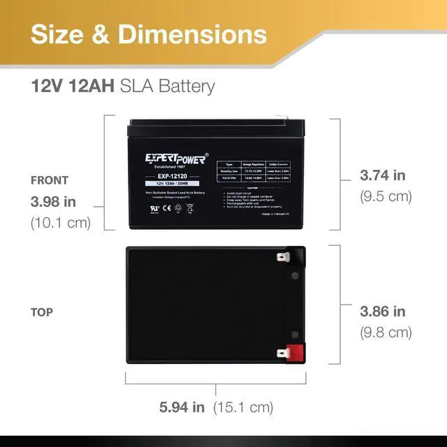 Alt view image 2 of 7 - ExpertPower 12 Volt 12 Ah Rechargeable Battery with F2 Terminals || EXP12120