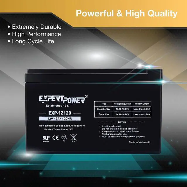 Alt view image 4 of 7 - ExpertPower 12 Volt 12 Ah Rechargeable Battery with F2 Terminals || EXP12120