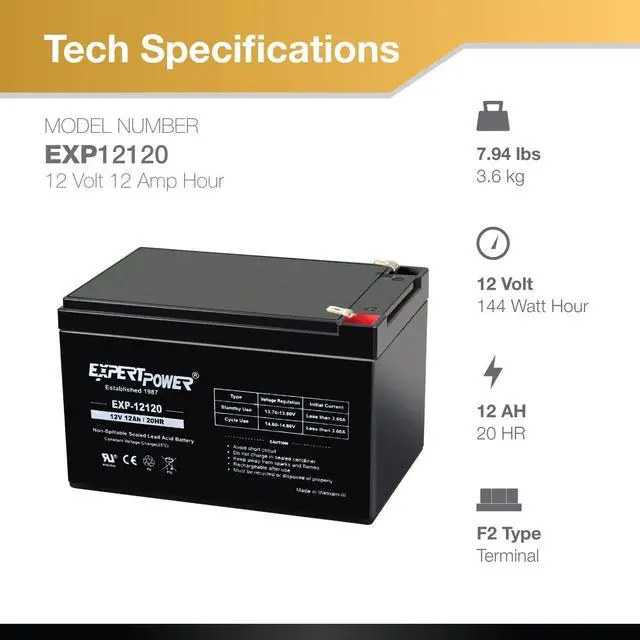 Alt view image 3 of 7 - ExpertPower 12 Volt 12 Ah Rechargeable Battery with F2 Terminals || EXP12120