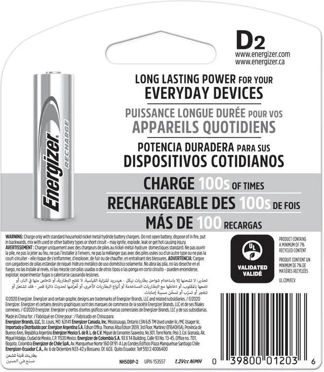 Alt view image 7 of 7 - Energizer Recharge Universal Rechargeable D Batteries, 2 Pack