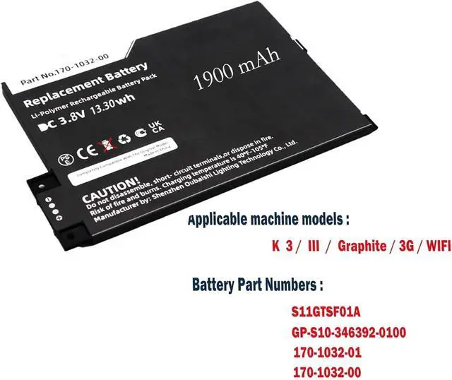Alt view image 3 of 7 - Replacement Battery for GP/S10/346/392/0100 D00/901 170/1032/01, Fits P/N S11/GTS/F01A 3.7V 1900mAh