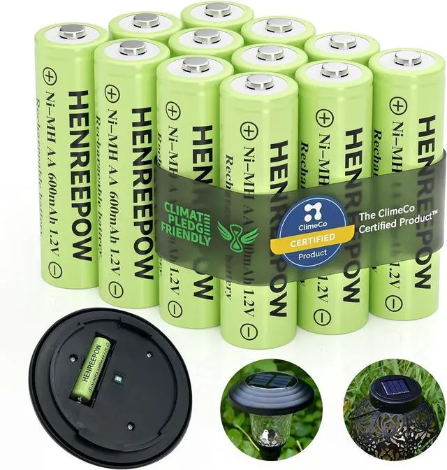 Main image of Henreepow Ni-MH AA Rechargeable Batteries, Double A High Capacity 1.2V Pre-Charged for Garden Landscaping Outdoor Solar Lights, String Lights, Pathway Light (AA-600mAh-12pack)